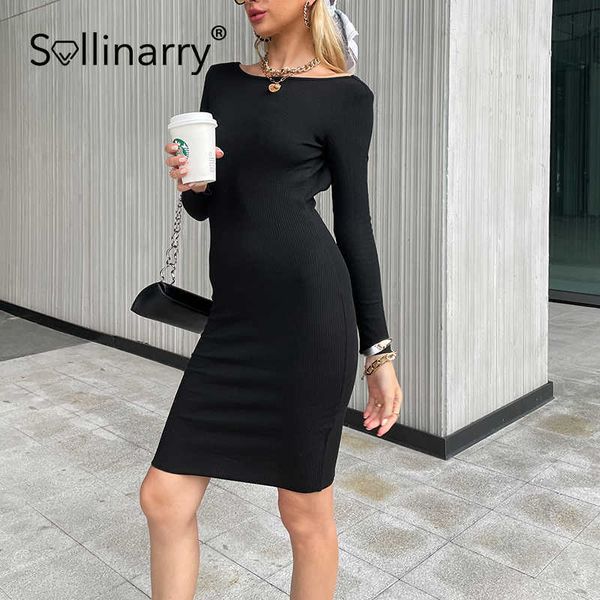 sollinarry elegant chain solid backless women knitted dress high street long sleeves black dress autumn slim o-neck vestido 210709, Black;gray 
sollinarry elegant chain solid backless women knitted dress high street long sleeves black dress autumn slim o-neck vestido 210709, Black;gray
