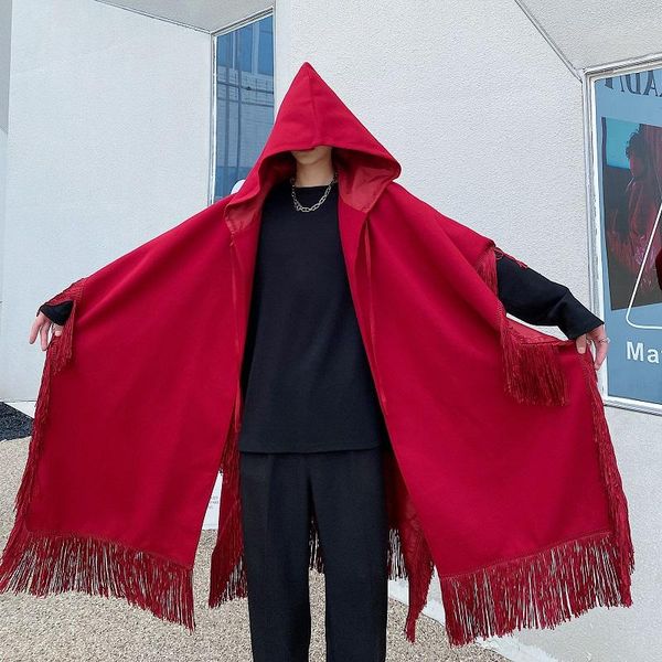 men's wool & blends medium and long tassel shawl autumn loose hooded red big cloak fashion large coat, Black
men's wool & blends medium and long tassel shawl autumn loose hooded red big cloak fashion large coat, Black