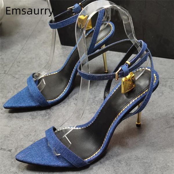 string locked decor ankle strappy sandals women metal thin high heels denim blue point open toe gladiator summer shoes, Black
string locked decor ankle strappy sandals women metal thin high heels denim blue point open toe gladiator summer shoes, Black