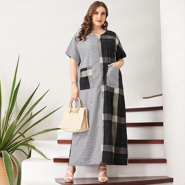 summer plus size gray women dress commuter plaid striped stitching patchwork pockets short sleeve loose long large maxi robe, Black;gray 
summer plus size gray women dress commuter plaid striped stitching patchwork pockets short sleeve loose long large maxi robe, Black;gray