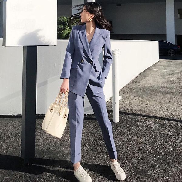 women's two piece pants wenfly women double breasted notched blazer jacket high waist long female office suits sets harajuku, White