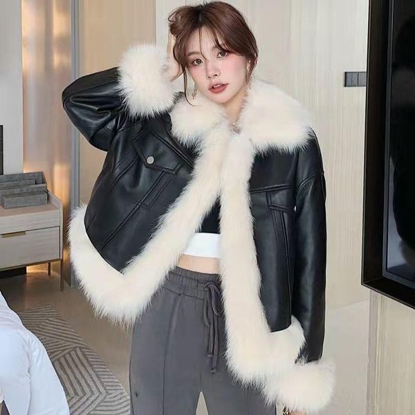 women's fur & faux women 2021 autumn winter leather jacket collar coat pu female jackets elegant thick warm outerwear x689, Black
women's fur & faux women 2021 autumn winter leather jacket collar coat pu female jackets elegant thick warm outerwear x689, Black