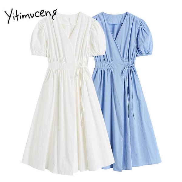 yitimuceng midi dresses women summer lace up puff sleeve high waist white blue korean fashion simple style sundress 210601, Black;gray
yitimuceng midi dresses women summer lace up puff sleeve high waist white blue korean fashion simple style sundress 210601, Black;gray
