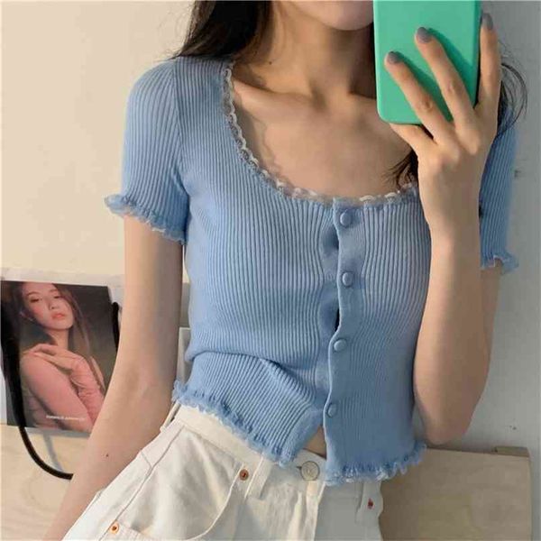 lace-side black short-sleeved t-shirt cardigan thin knitwear women's summer slim short 210529, White
lace-side black short-sleeved t-shirt cardigan thin knitwear women's summer slim short 210529, White