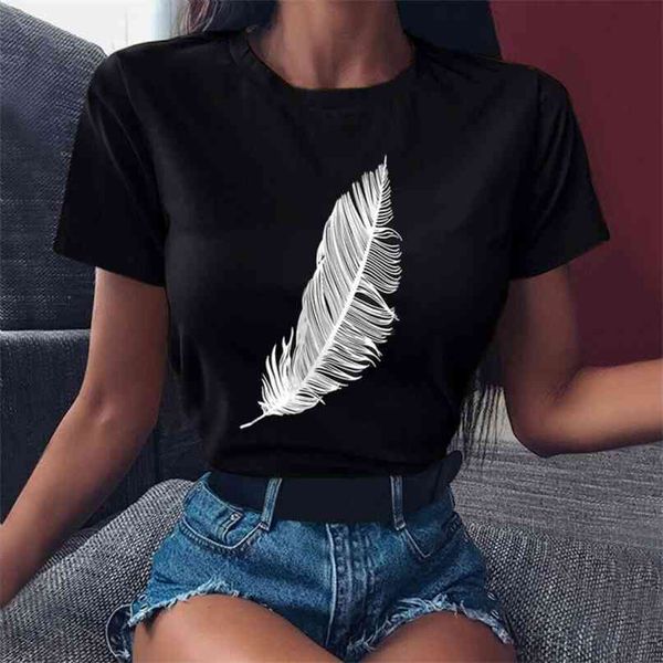 women casual harajuku fashion t-shirt feather print loose o-neck short sleeve elastic stretched summer home tee shirt 210607, White
women casual harajuku fashion t-shirt feather print loose o-neck short sleeve elastic stretched summer home tee shirt 210607, White