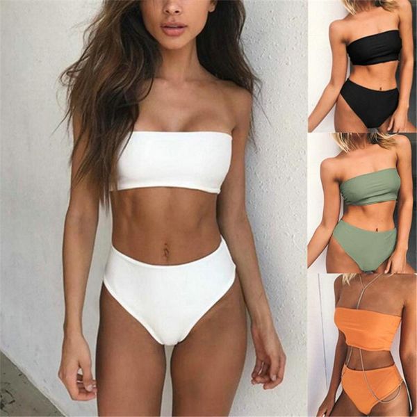 women's swimwear 2021 bikini high waist strapless women swimsuit push up padded bathing suit monokini pure color, White;black
women's swimwear 2021 bikini high waist strapless women swimsuit push up padded bathing suit monokini pure color, White;black