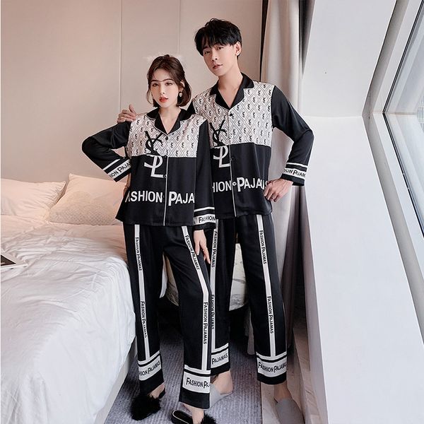2021 new spring color matching lovers' ice silk pajamas suit fashion leisure net red stude, Black
2021 new spring color matching lovers' ice silk pajamas suit fashion leisure net red stude, Black