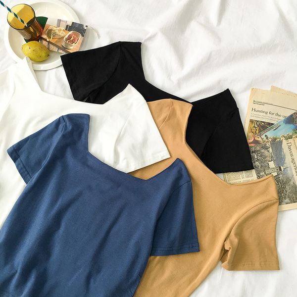 2021 new square neck t-shirt cottons tees female solid short sleeve casual summer t-shirts for women 5yyh, White
2021 new square neck t-shirt cottons tees female solid short sleeve casual summer t-shirts for women 5yyh, White