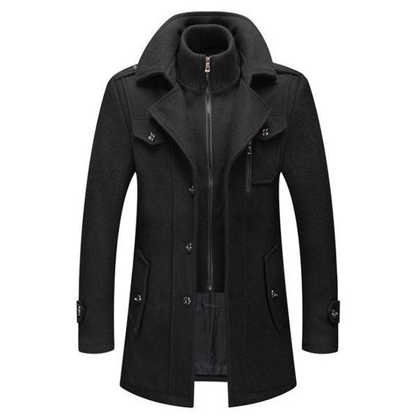 men's wool & blends winter brand men double collar coat casual long woolen business luxurious solid overcoat male, Black