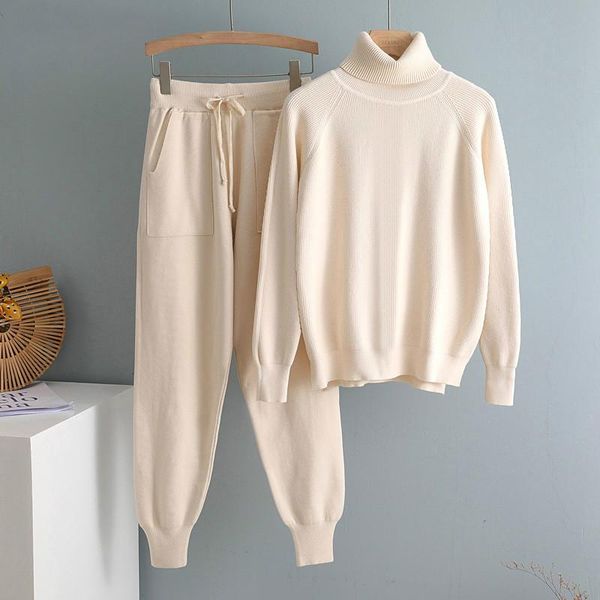2021 2 pieces set women knitted tracksuit turtleneck sweater + carrot jogging pants pullover sweater set chic knitted outwear, White 
2021 2 pieces set women knitted tracksuit turtleneck sweater + carrot jogging pants pullover sweater set chic knitted outwear, White