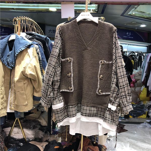 2021 fake two v neck sweater women's shirt plaid patchwork autumn winter new loose knitwear peff, White;black
2021 fake two v neck sweater women's shirt plaid patchwork autumn winter new loose knitwear peff, White;black