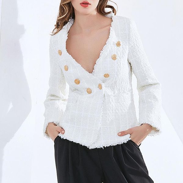 women elegant double breasted blazer frayed fringe spring autumn 2021, White;black
women elegant double breasted blazer frayed fringe spring autumn 2021, White;black