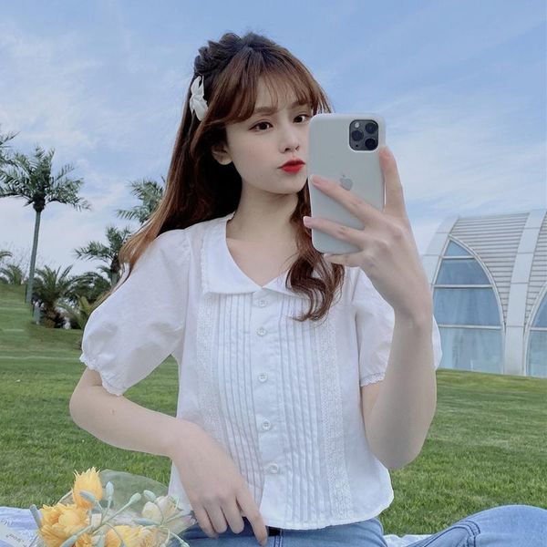 women's blouses & shirts button up shirt lapel pleated lace short puff sleeve women, White
women's blouses & shirts button up shirt lapel pleated lace short puff sleeve women, White