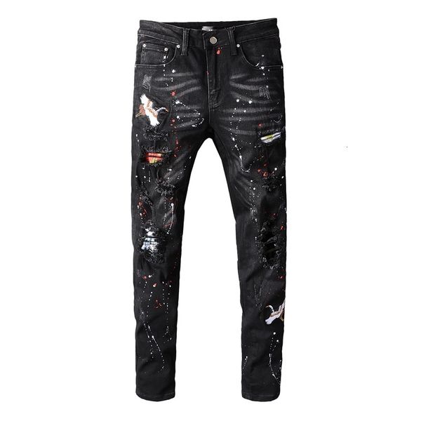 new embroidered painted bird ripped brim from male black men streetwear patchwork holes strain denim skinny pencil pants s9e9, Blue
new embroidered painted bird ripped brim from male black men streetwear patchwork holes strain denim skinny pencil pants s9e9, Blue