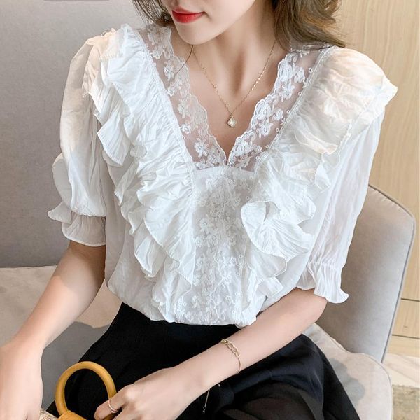women's blouses & shirts 2021 spring shirt v neck ruffle short sleeve white korean fashion puff blouse elegant women clothes
women's blouses & shirts 2021 spring shirt v neck ruffle short sleeve white korean fashion puff blouse elegant women clothes