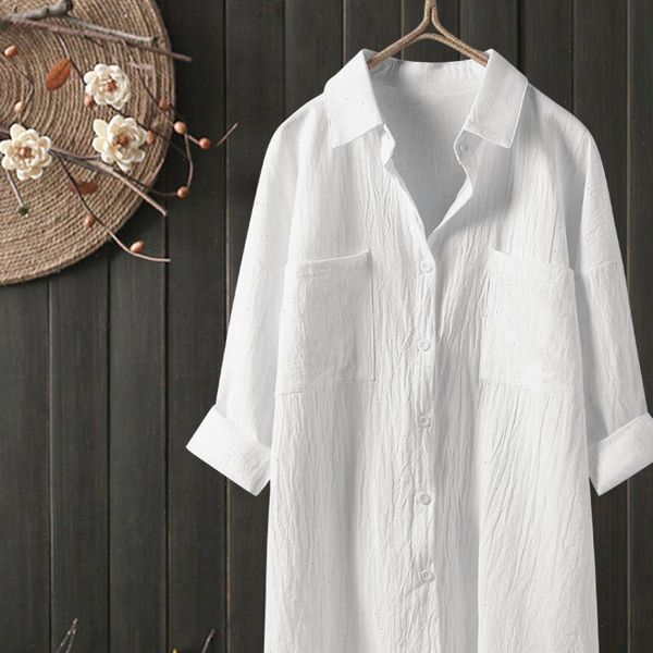 womens blouse womens casual linen blouses long sleeve button down shirts ladies loose solid chic casual blouses, White