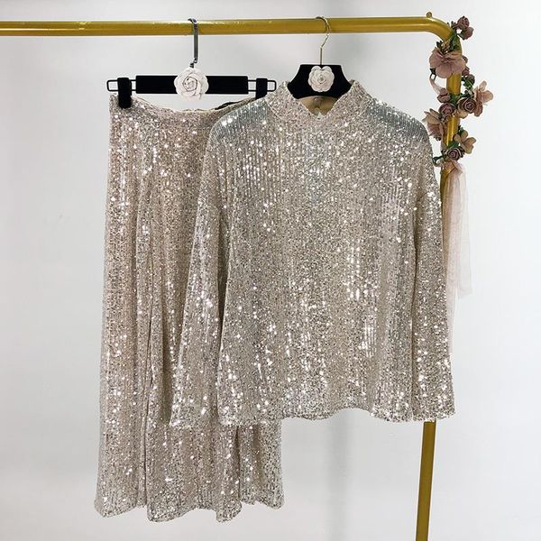 work dresses shiny sequined mesh spliced shirts long sleeve half turtleneck beading pullovers blouses a line skirt party 2pcs suit, White;black
work dresses shiny sequined mesh spliced shirts long sleeve half turtleneck beading pullovers blouses a line skirt party 2pcs suit, White;black