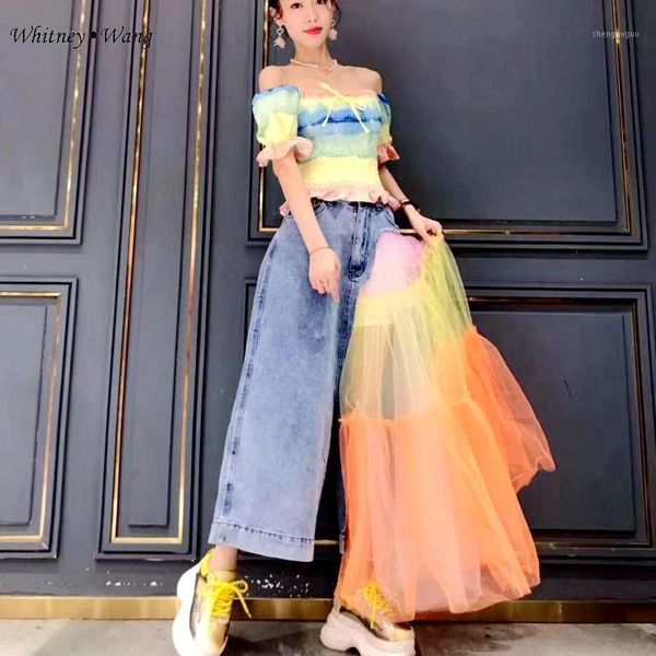 women's jeans whitney wang 2021 spring summer fashion streetwear designer style layered mesh patchwork wide leg women denim pants, Blue
women's jeans whitney wang 2021 spring summer fashion streetwear designer style layered mesh patchwork wide leg women denim pants, Blue