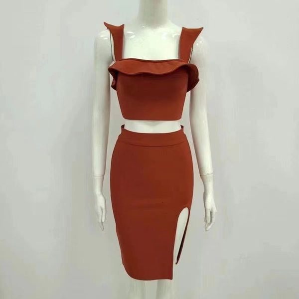 two piece dress higj quality women brown spaghetti strap ruffles bandage set celebrity designer fashion evening party dr ajx, White
two piece dress higj quality women brown spaghetti strap ruffles bandage set celebrity designer fashion evening party dr ajx, White