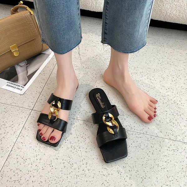 slippers metal chain pu for women flat bottom 2021 summer square head heel solid color slides outside wear, Black
slippers metal chain pu for women flat bottom 2021 summer square head heel solid color slides outside wear, Black