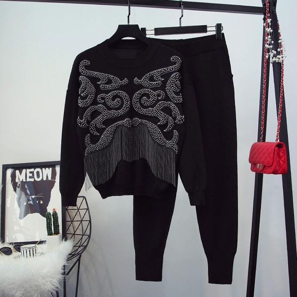 women's two piece pants superaen 2021 autumn winter design beaded full knit sweater casual set women, White
women's two piece pants superaen 2021 autumn winter design beaded full knit sweater casual set women, White