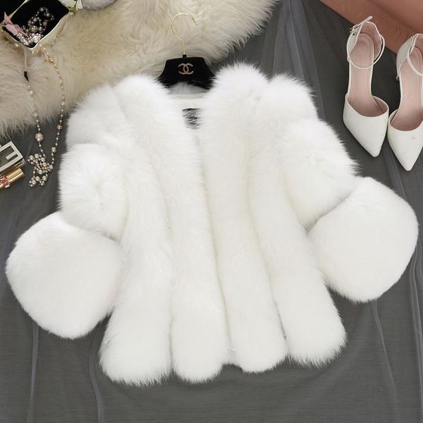 women's fur & faux clothes short three-quarter-sleeved warm winter thick fashionable v-neck fluffy outerwear, Black
women's fur & faux clothes short three-quarter-sleeved warm winter thick fashionable v-neck fluffy outerwear, Black