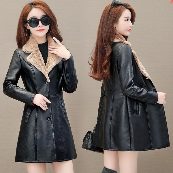 women's leather & faux medium and long plush warm fur integrated coat 2021 winter korean slim pu top, Black
women's leather & faux medium and long plush warm fur integrated coat 2021 winter korean slim pu top, Black
