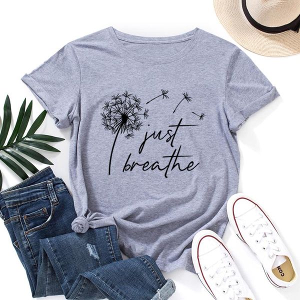 women's t-shirt just breathe positive meditation dandelion t shirt women graphic tee short sleeve 100%cotton t-shirts summer female cl, White 
women's t-shirt just breathe positive meditation dandelion t shirt women graphic tee short sleeve 100%cotton t-shirts summer female cl, White