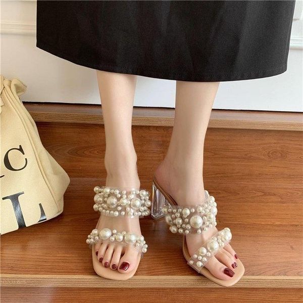 sandals 2021 summer transparent pearl women's high heeled thick crystal shoes, Black
sandals 2021 summer transparent pearl women's high heeled thick crystal shoes, Black