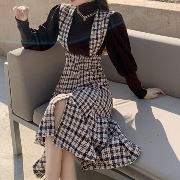 women's tracksuits strap dresses check velvet vintage korean fashion suits plover fishtail puff long sleeve turtleneck warm 20 winter s, Gray
women's tracksuits strap dresses check velvet vintage korean fashion suits plover fishtail puff long sleeve turtleneck warm 20 winter s, Gray