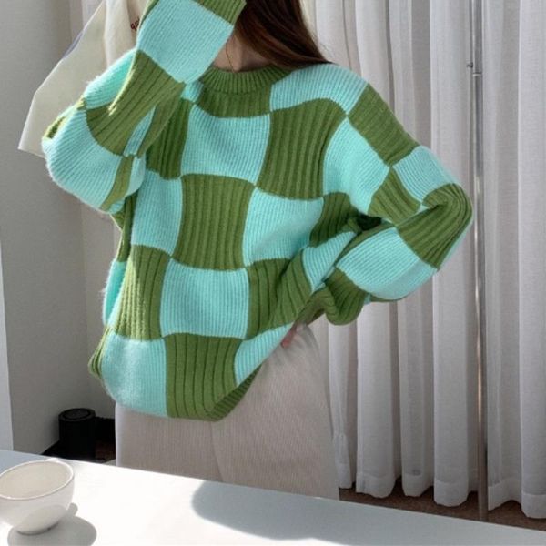 women's sweaters high sense checkerboard contrast round neck pullover sweater winter warm casual loose knit women, White;black
women's sweaters high sense checkerboard contrast round neck pullover sweater winter warm casual loose knit women, White;black