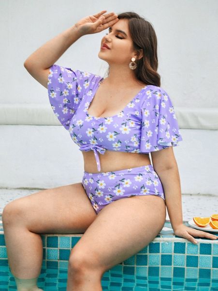 plus floral knot front ruffle high waisted bikini swimsuit r1aa#, Black
plus floral knot front ruffle high waisted bikini swimsuit r1aa#, Black