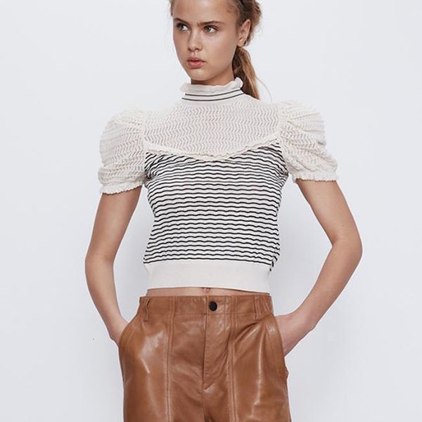 2021 new short puff sleeve women blouses shirt vintage beige stripe splice lace knitted pullover casual summer femme hc1j, Black;brown
2021 new short puff sleeve women blouses shirt vintage beige stripe splice lace knitted pullover casual summer femme hc1j, Black;brown