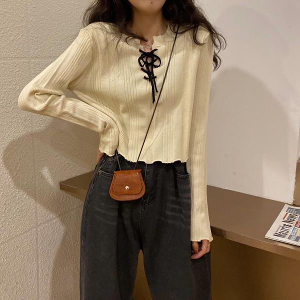 women's sweaters spring and autumn 2021 wear with straps inside, drawstring long sleeve knitted bottoming shirt, early korean, White;black
women's sweaters spring and autumn 2021 wear with straps inside, drawstring long sleeve knitted bottoming shirt, early korean, White;black