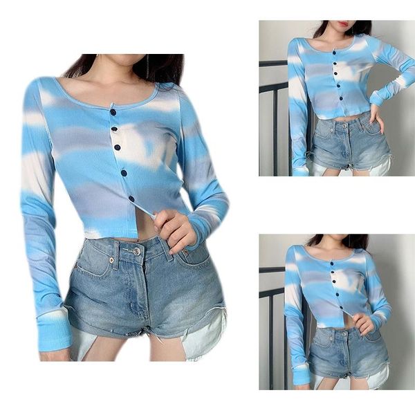 women's t-shirt kili tie dye long sleeve cropped tshirt women buttons casual cardigan ladies fashion korean streetwear tee shirts, White
women's t-shirt kili tie dye long sleeve cropped tshirt women buttons casual cardigan ladies fashion korean streetwear tee shirts, White