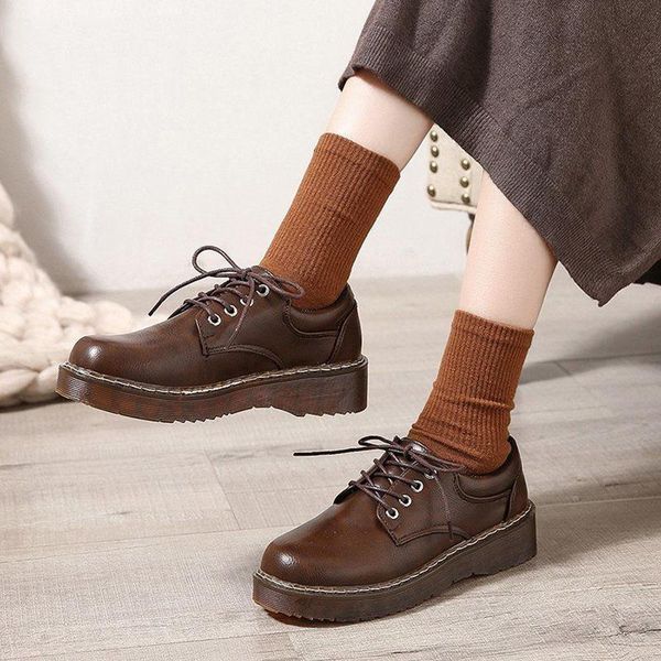 Dress Shoes Kawaii Loli Cosplay Women Solid Black Leather Oxford Woman Lace Up High Heels Thick Bottom Platform Loafers