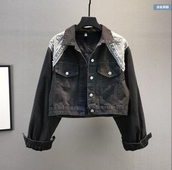 women's jackets diamond-studded denim jacket autumn 2021 slim heavy mesh stitching beaded cropped top, Black;brown
women's jackets diamond-studded denim jacket autumn 2021 slim heavy mesh stitching beaded cropped top, Black;brown