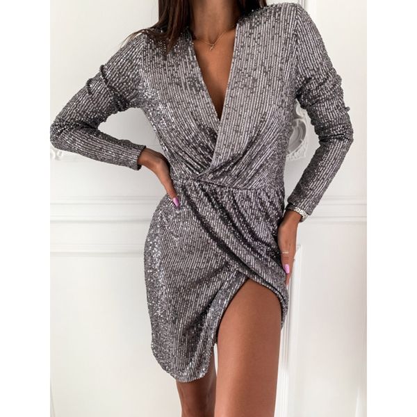 v-neck women autumn winter dress sleeve glitter irregular hem size 1sz9, Black;gray