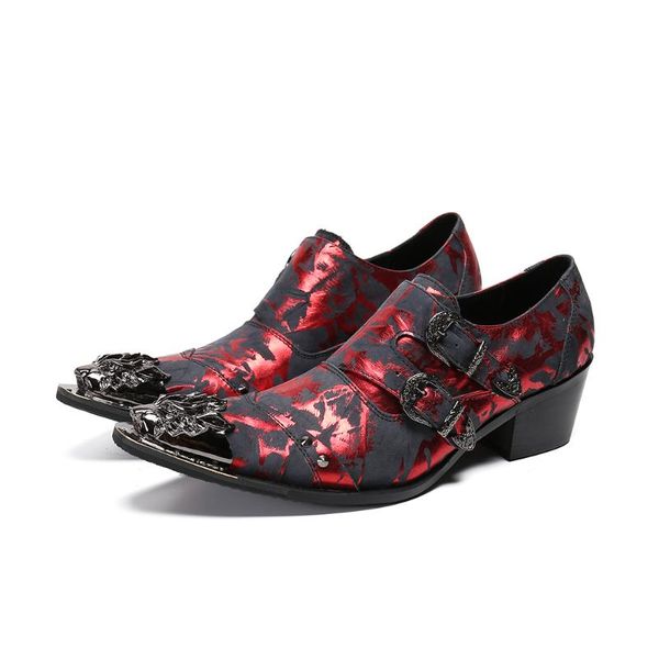 dress shoes middle heel pattern men party leather metal pointed toe formal wedding prom male buckle oxfords red, Black