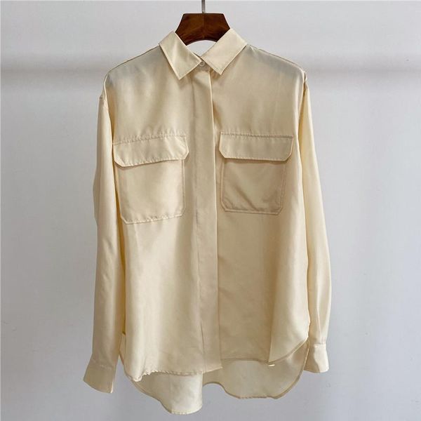 women blouse long sleeve silk turn-down collar loose solid color office lady and shirt with double pockets, White
women blouse long sleeve silk turn-down collar loose solid color office lady and shirt with double pockets, White