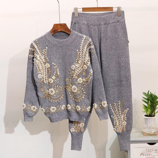 two piece dress spring winter sweater set print beading embroidery long sleeve knitted trousers women 2, White
two piece dress spring winter sweater set print beading embroidery long sleeve knitted trousers women 2, White