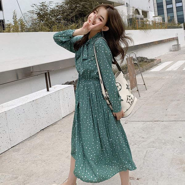 bow-neck polka dots female dress full sleeve elastic waist chiffon pleated women dress midi vestidos print femme, Black;gray
bow-neck polka dots female dress full sleeve elastic waist chiffon pleated women dress midi vestidos print femme, Black;gray
