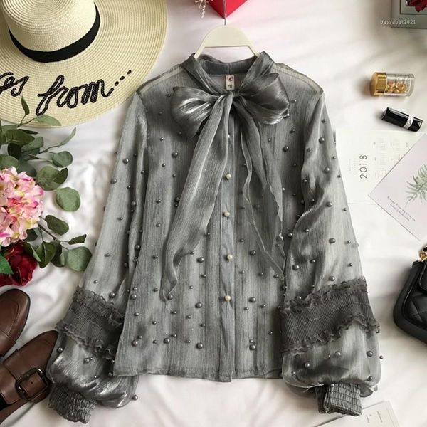 women's blouses & shirts 2021 black bow tie neck pearls beaded bishop sleeve chiffon blouse stand collar women autumn office lady top, White
women's blouses & shirts 2021 black bow tie neck pearls beaded bishop sleeve chiffon blouse stand collar women autumn office lady top, White