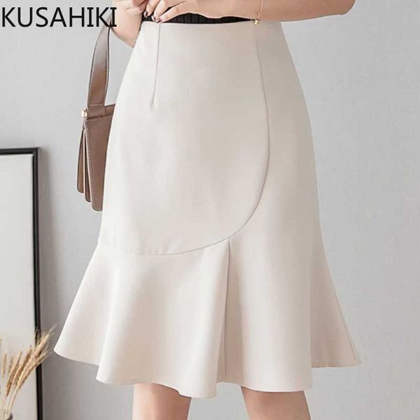 

kusahiki korean mermaid skirt korean elegant high waisted woman trumpet skirts causal ruffle faldas de mujer 6h961 210602, Black