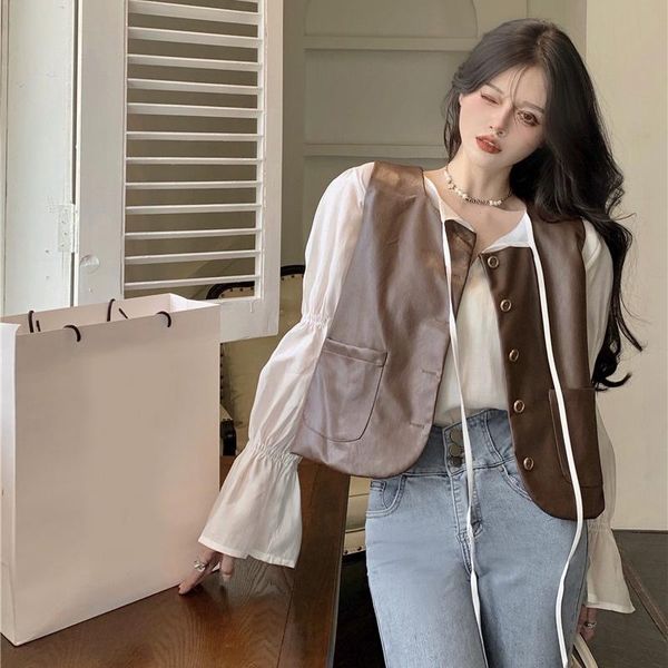 women's vests leather vest spring and autumn retro loose short brown overalls suit jacket, Black;white
women's vests leather vest spring and autumn retro loose short brown overalls suit jacket, Black;white