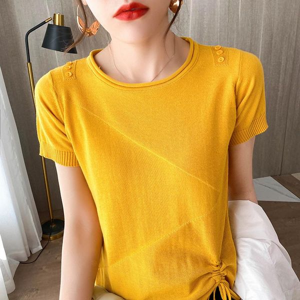 women's t-shirt 2021 pure cotton summer round neck knit short-sleeved women loose short drawstring thin pullover bottoming shirt, White
women's t-shirt 2021 pure cotton summer round neck knit short-sleeved women loose short drawstring thin pullover bottoming shirt, White