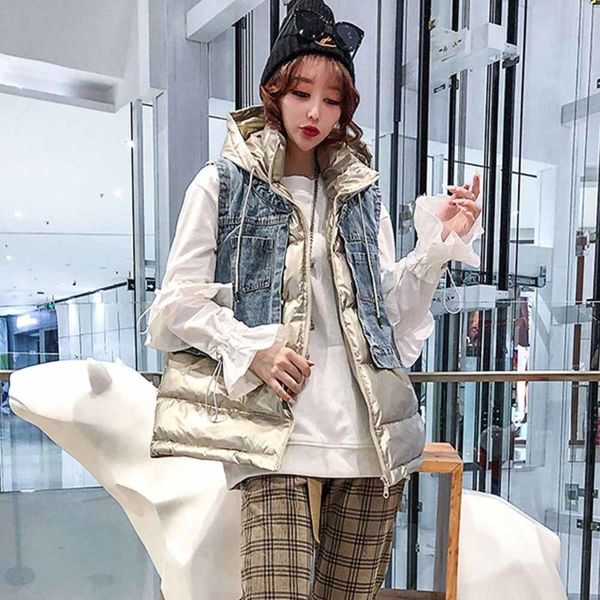 women's vests bright color denim stitching short vest women hooded down cotton coat autumn winter loose warm waistcoat jacket, Black;white
women's vests bright color denim stitching short vest women hooded down cotton coat autumn winter loose warm waistcoat jacket, Black;white