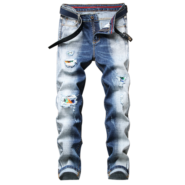 spring men's blue and white washed ripped jeans fashion retro pants regular fit stretch denim trousers
spring men's blue and white washed ripped jeans fashion retro pants regular fit stretch denim trousers