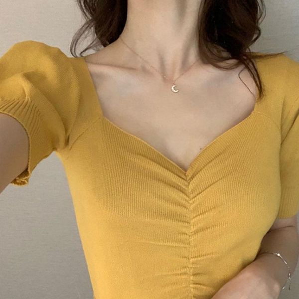 sweet puff sleeve cropped v neck summer women knitted 2021 new lady pleated pullover sweater jumper, White;black
sweet puff sleeve cropped v neck summer women knitted 2021 new lady pleated pullover sweater jumper, White;black