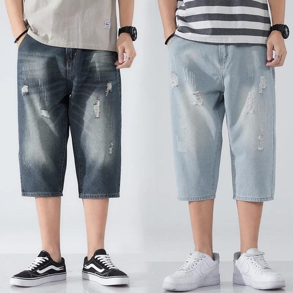 men's jeans 2021 summer straight short personality hole loose washed cotton denim cropped trousers male brand men clothes, Blue
men's jeans 2021 summer straight short personality hole loose washed cotton denim cropped trousers male brand men clothes, Blue